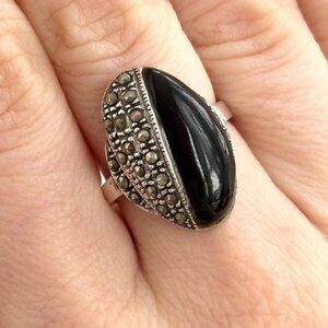 Sterling Silver Black Onyx & Marcasite Yin Yang Vintage Art Deco Ring - sz 7.75